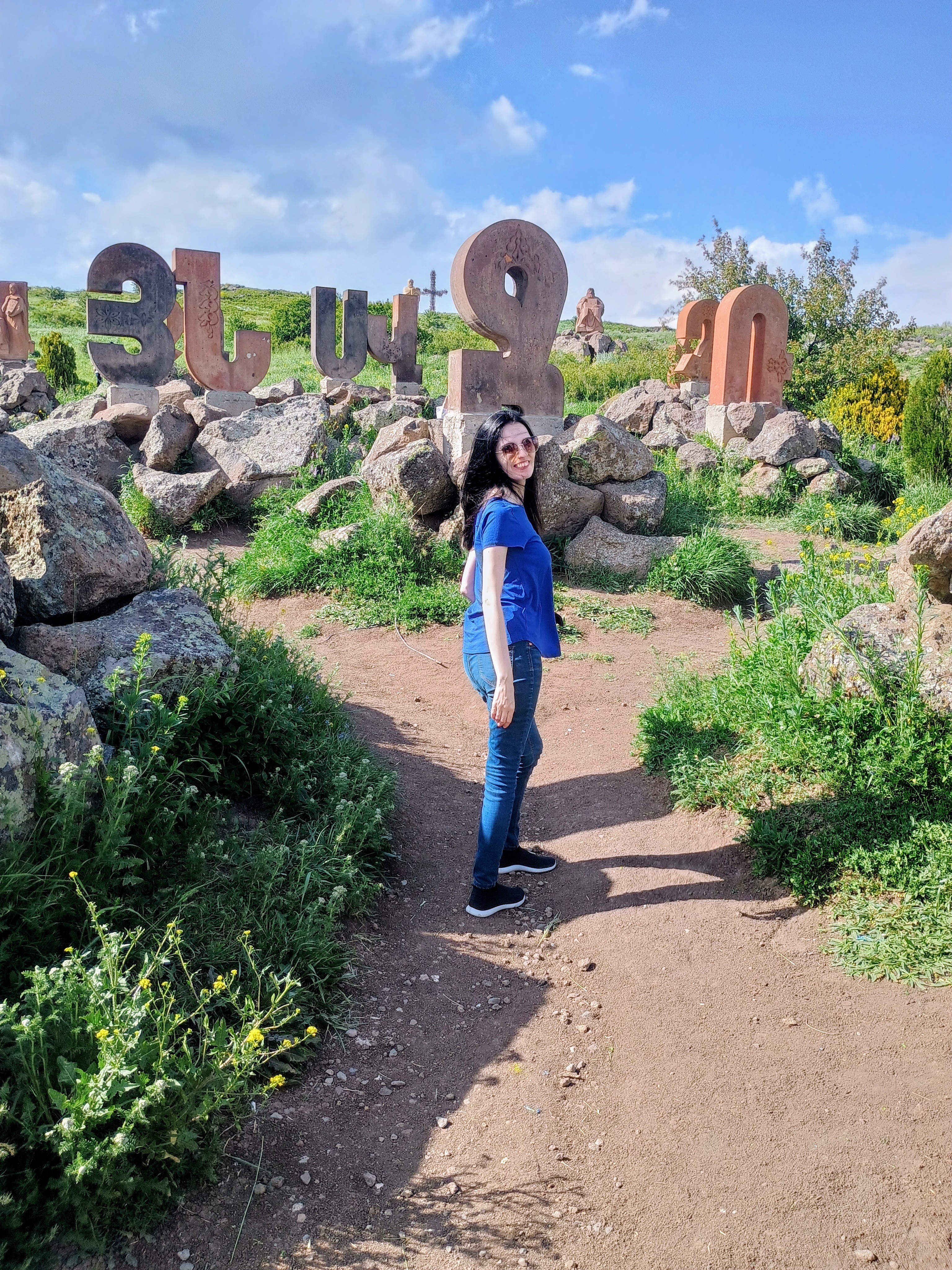 Giant stone letters of the Armenian alphabet at the Alphabet Monument near Aparan, Armenia