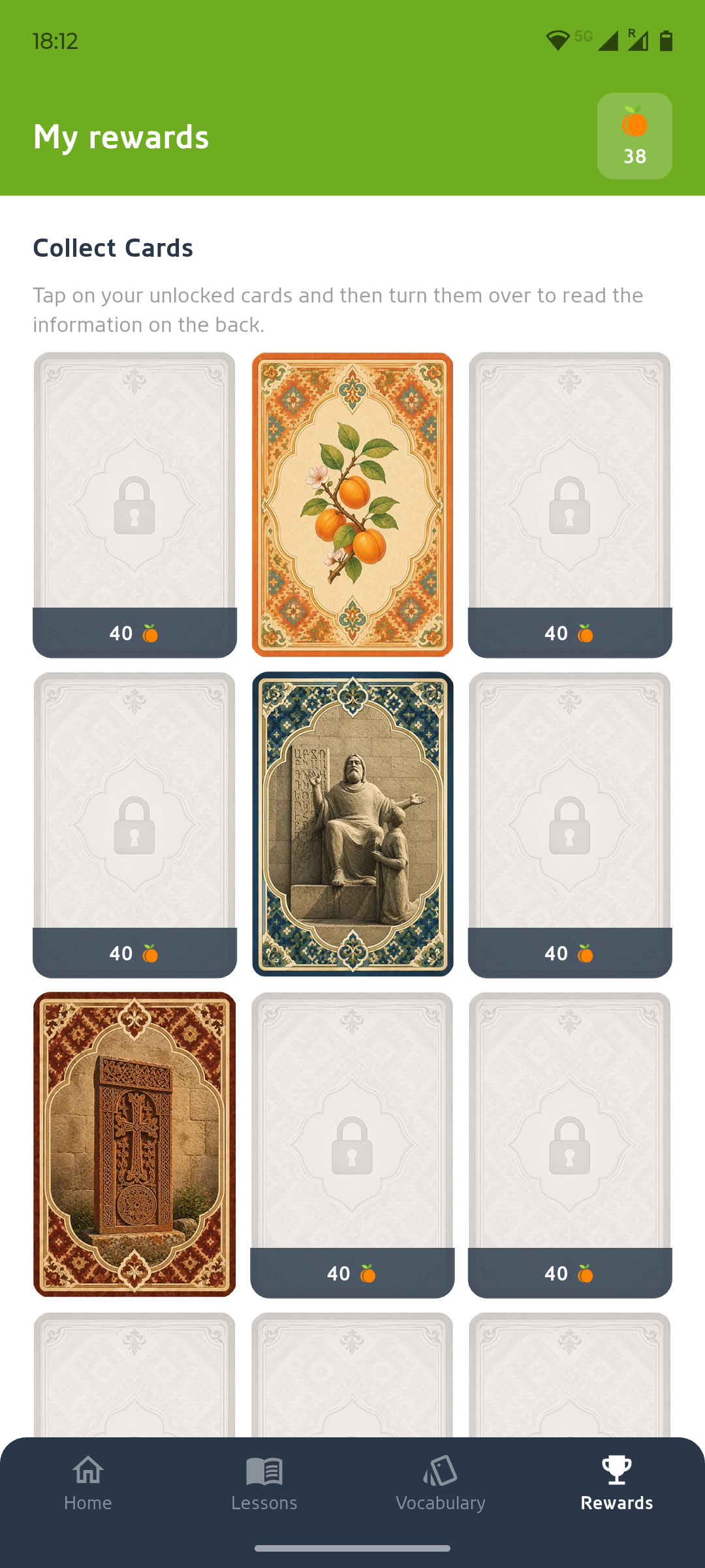 Lezugo rewards screen with collectible cards about Armenian culture