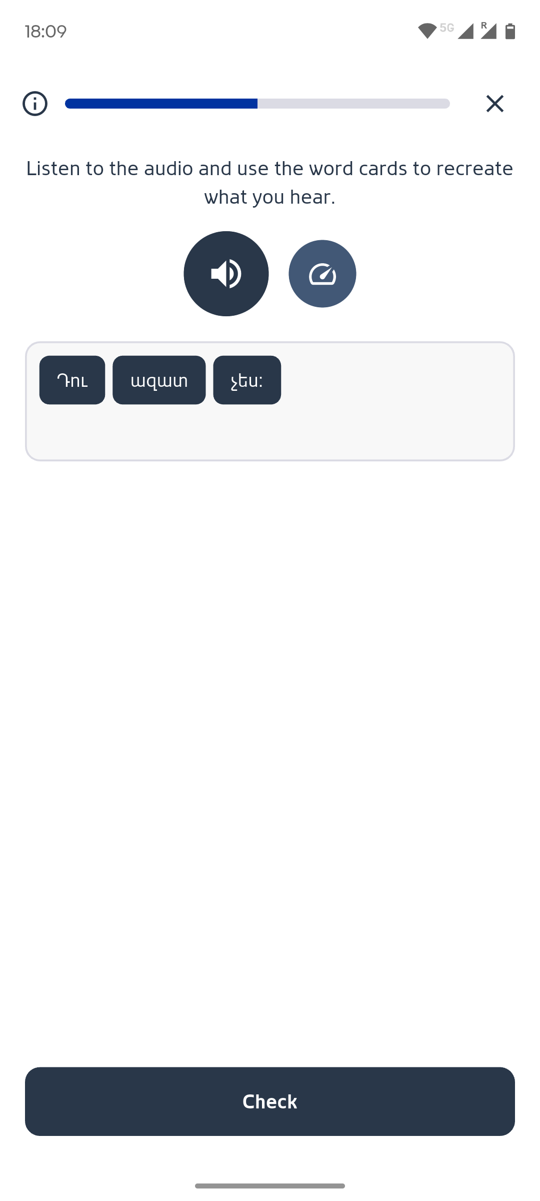 Lezugo listening exercise where you rebuild a sentence from word cards